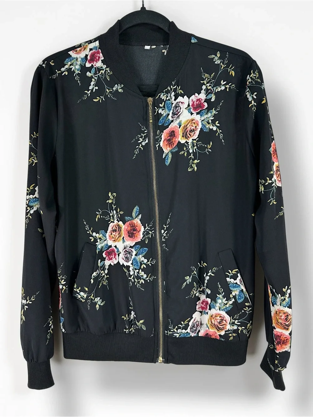Black Floral Bomber Jacket Semi Sheer Lightweight Zip Up Coat - Picture 9 of 13